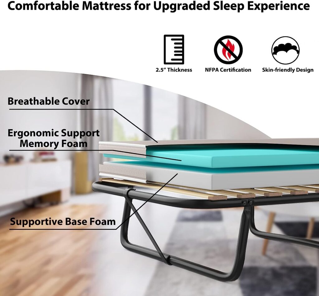 Giantex Folding Rollaway Bed with Mattress for Adults, Cot Size Portable Guest Bed with Memory Foam Mattress for Bedroom Office, Fold up Bed with Steel Frame  Wood Slats, Easy Storage, Made in Italy