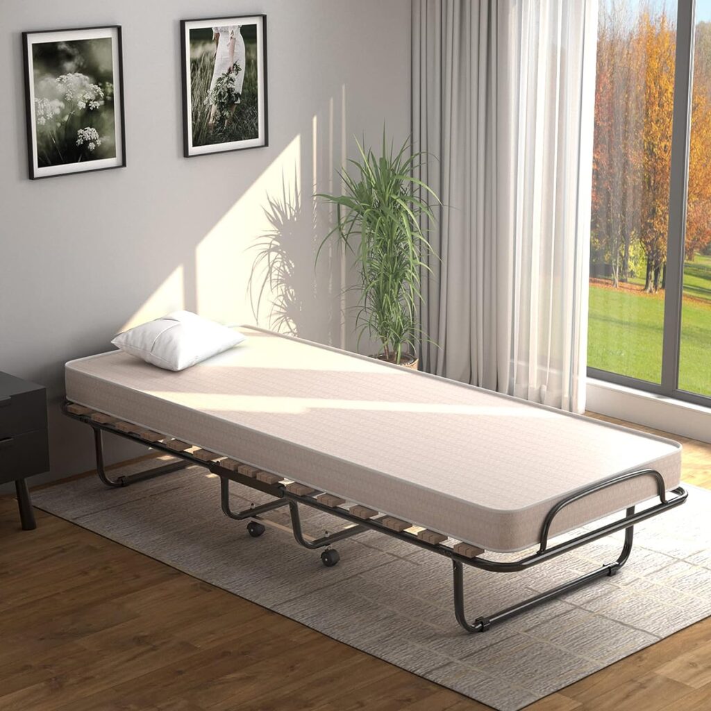 KOMFOTT Folding Rollaway Bed with Mattress, Foldable Bed with Memory Foam Mattress for Adults, Portable Fold Up Guest Bed with Sturdy Steel Frame on Wheels for Home  Office, Made in Italy (Beige)