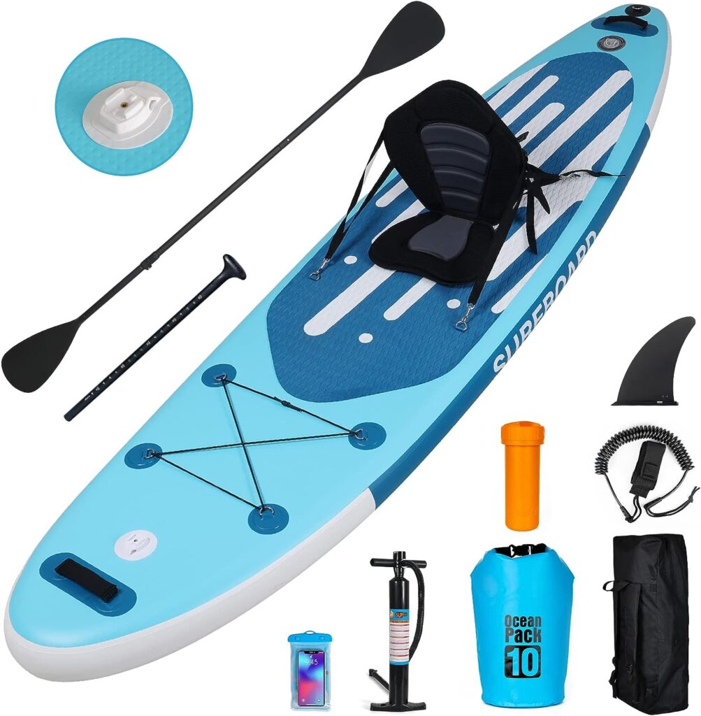 YUSING 11 Inflatable Stand Up Paddle Board with Kayak Seat, Non-Slip Deck SUP Paddle Board with Premium Kayak and SUP Accessories  Backpack, Portable Standing Boat for Youth  Adult